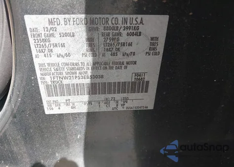 2003 Ford F-250 Lariat/Xl/Xlt from USA, damaged, VIN 1FTNW21P53EB53038
